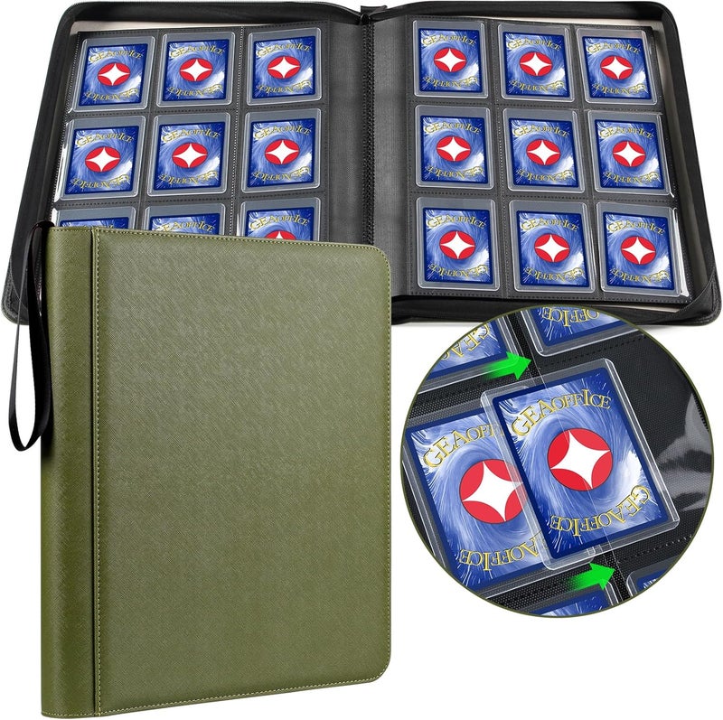 GEAoffice Side Loading 9 Pockets Top Loader Binder Holds 324 Cards, Waterproof PU Leather Trading Card Binder for Toploader, Card Collection Album Folder for MTG, TCG, Sports Cards, Green - Image 1